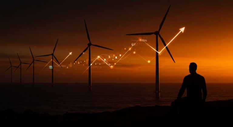 Parque eólico marino en el Reino Unido mostrando precios de energía renovable más baratos en subasta récord, impulsando el mercado energético sostenible.