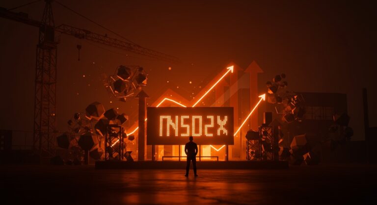 Founder inspirado frente a un ticker digital de Nasdaq con iconografía de construcción y tecnología, representando el éxito de EquipmentShare y el modelo startup en LATAM.