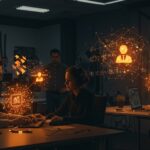 Equipo de founders tech colaborando con agentes autónomos y gráficos de IA aplicada para la escalabilidad en desarrollo de software.