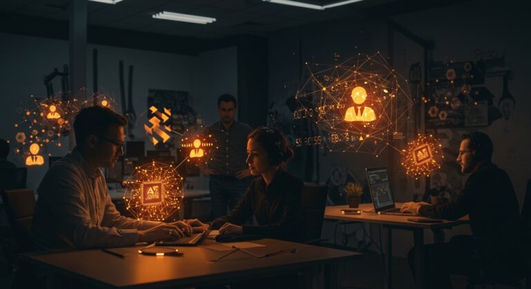 Equipo de founders tech colaborando con agentes autónomos y gráficos de IA aplicada para la escalabilidad en desarrollo de software.