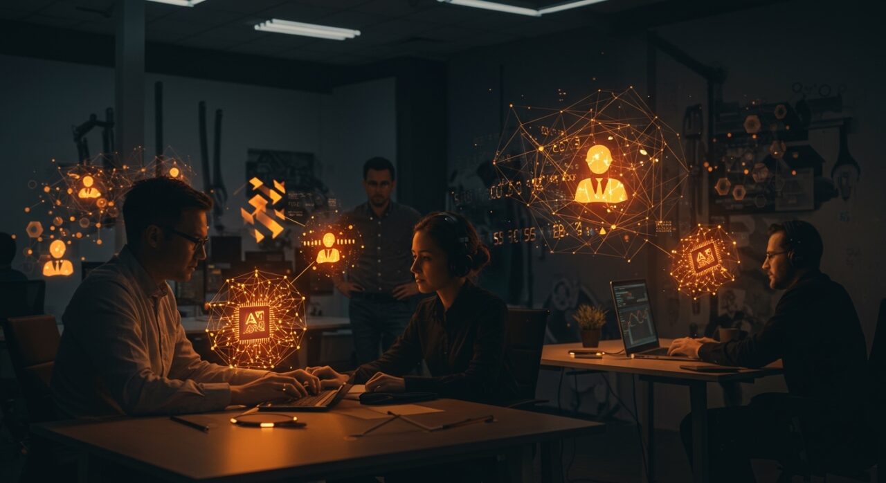 Equipo de founders tech colaborando con agentes autónomos y gráficos de IA aplicada para la escalabilidad en desarrollo de software.