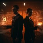 Escena visual de espionaje corporativo en startups destacando ética y competencia en el ecosistema tecnológico.