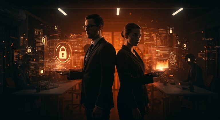 Escena visual de espionaje corporativo en startups destacando ética y competencia en el ecosistema tecnológico.