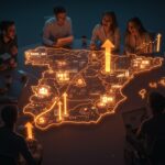 Emprendedores extranjeros colaborando en un ecosistema startup de España, destacando el crecimiento y la financiación en el sector tecnológico.