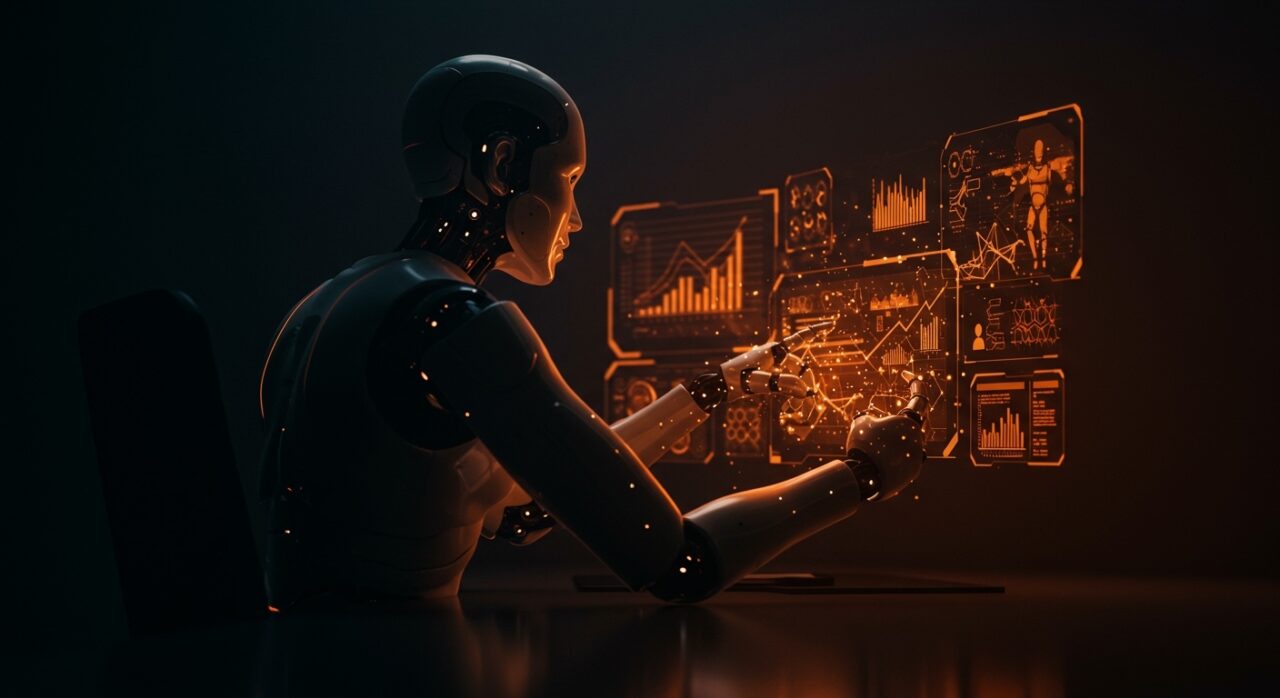 Figura de agente de inteligencia artificial analizando tareas laborales complejas en entorno futurista, destacando límites y avances de IA para startups.
