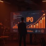 Emprendedor frente a gráficos digitales ascendentes representando la primera IPO tecnológica de Ethos y su impacto en la insurtech latinoamericana.