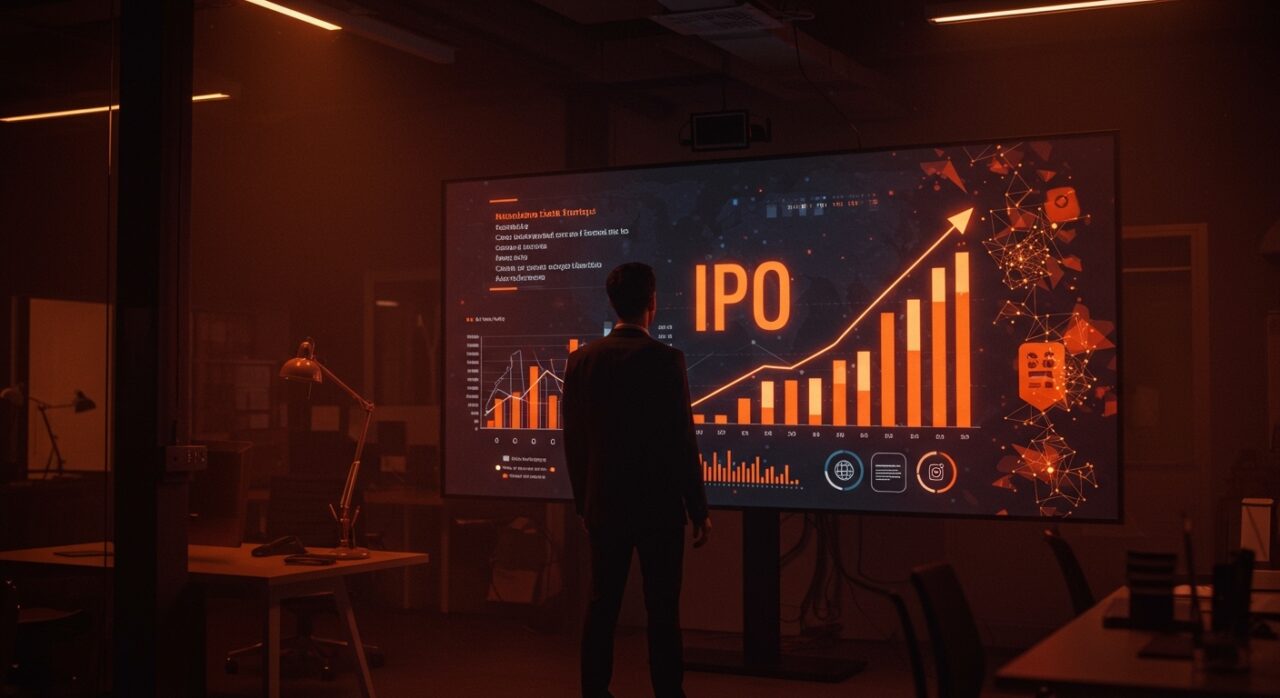 Emprendedor frente a gráficos digitales ascendentes representando la primera IPO tecnológica de Ethos y su impacto en la insurtech latinoamericana.