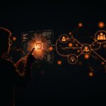 Desarrollador interactuando con interfaz holográfica que muestra ética y desafíos de inteligencia artificial en desarrollo de software.