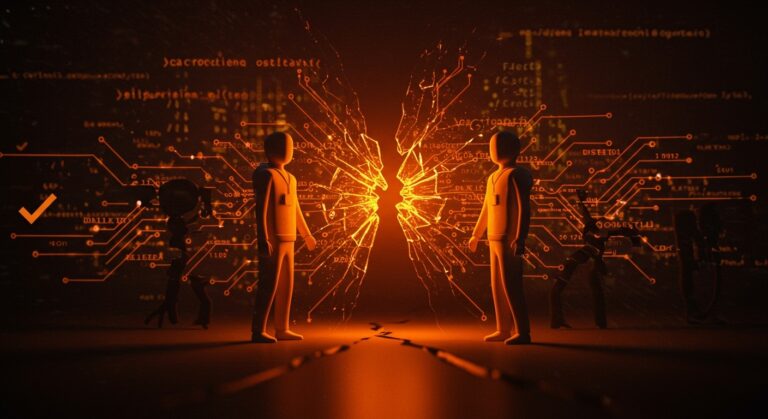 Ruptura ética empresarial entre SparkFun y Adafruit representada con figuras corporativas y símbolos digitales en tonos naranja y negro.