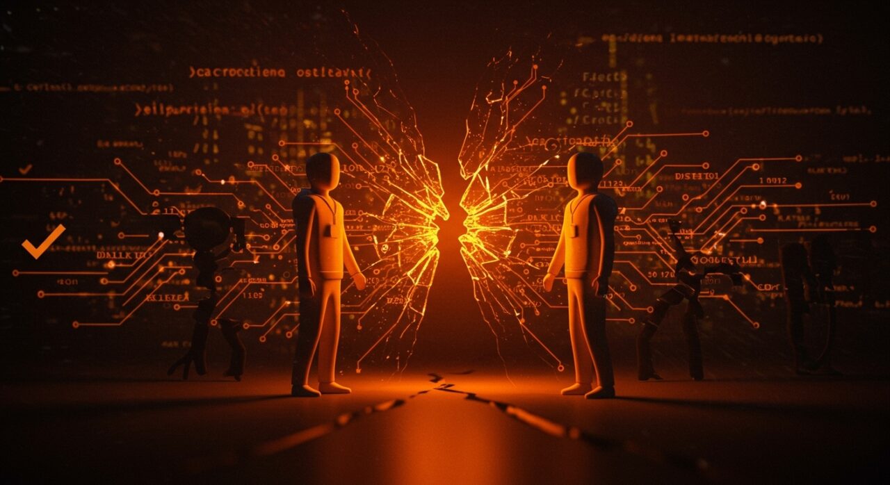 Ruptura ética empresarial entre SparkFun y Adafruit representada con figuras corporativas y símbolos digitales en tonos naranja y negro.