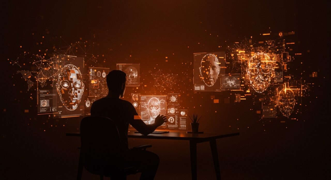 Fundador tecnológico analizando imágenes manipuladas por inteligencia artificial, ilustrando la ética en IA y verificación de datos en startups.