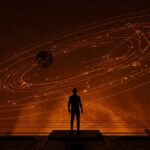 Fundador tecnológico contemplando la exploración espacial ética e innovación tecnológica en un paisaje cósmico digital.