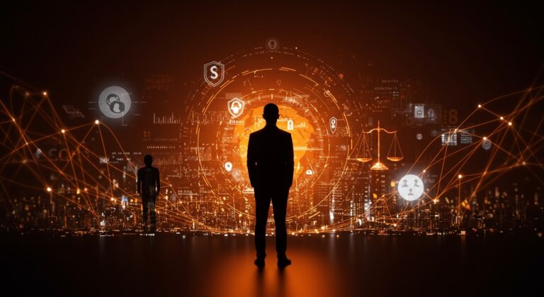 Líder de startup frente a un paisaje digital con símbolos legales y redes de transparencia, reflejando ética legal y responsabilidad corporativa en tecnología.