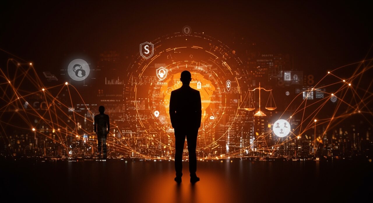 Líder de startup frente a un paisaje digital con símbolos legales y redes de transparencia, reflejando ética legal y responsabilidad corporativa en tecnología.