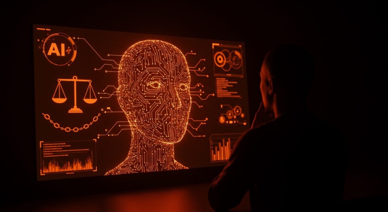 Fundador tecnológico contemplando dilemas éticos y regulatorios de IA en Grok de X, visualizado con interfaces digitales y metáforas de redes neuronales y regulaciones.