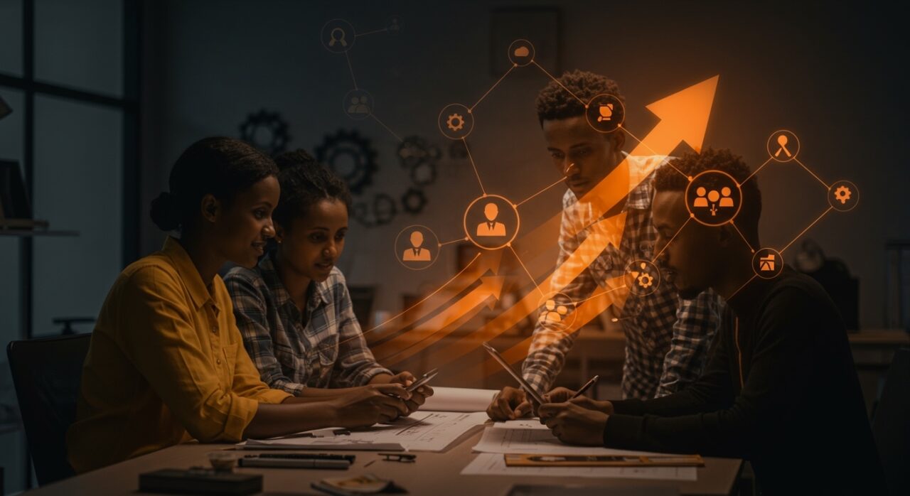 Jóvenes emprendedores etíopes trabajando en enseñanza técnica e innovación en el ecosistema startups.