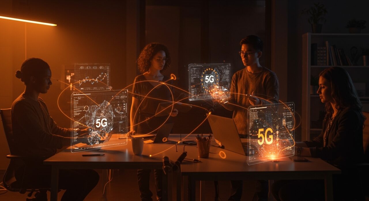 Startup founders colaborando con hologramas de IA y redes digitales representando el impacto del Europe Digital Networks Act en conectividad y telecomunicaciones.