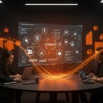 Exalumnos de SpaceX colaborando en holograma digital de startups de tecnología espacial con inversión global destacada.