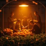 Gestión de excedente agrícola y economía circular en Berlín representada por fundadores innovadores en una granja urbana futurista con iconografía de sostenibilidad e innovación social.