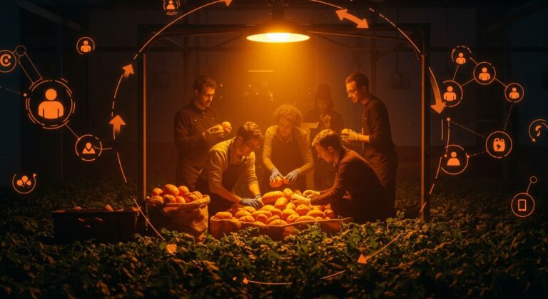 Gestión de excedente agrícola y economía circular en Berlín representada por fundadores innovadores en una granja urbana futurista con iconografía de sostenibilidad e innovación social.