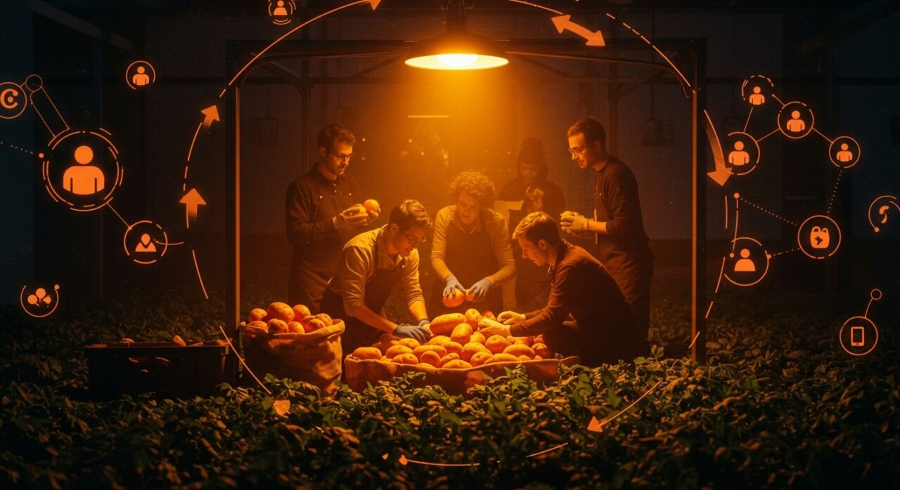 Gestión de excedente agrícola y economía circular en Berlín representada por fundadores innovadores en una granja urbana futurista con iconografía de sostenibilidad e innovación social.