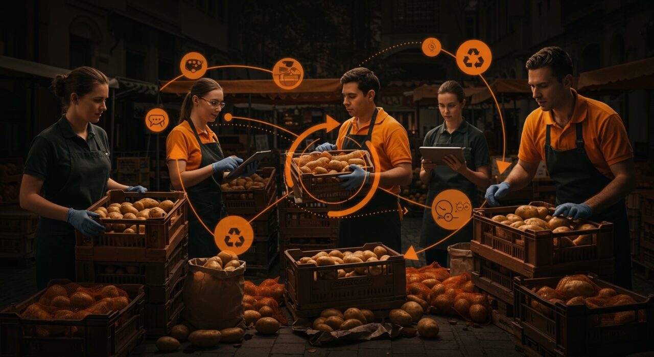 Distribución logística sostenible de excedente de papas en Berlín para reducir desperdicio alimentario en el mercado startup.
