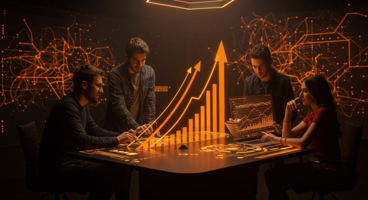 Fundadores de startups argentinas colaborando con proyecciones digitales que representan crecimiento del venture capital y tecnología avanzada en 2026.