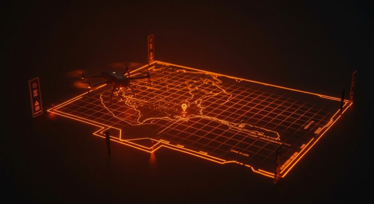 Drone cerca de zonas de no volar impuestas por la FAA alrededor de operaciones ICE y DHS, simbolizando la regulación y seguridad aérea en tecnología UAV.