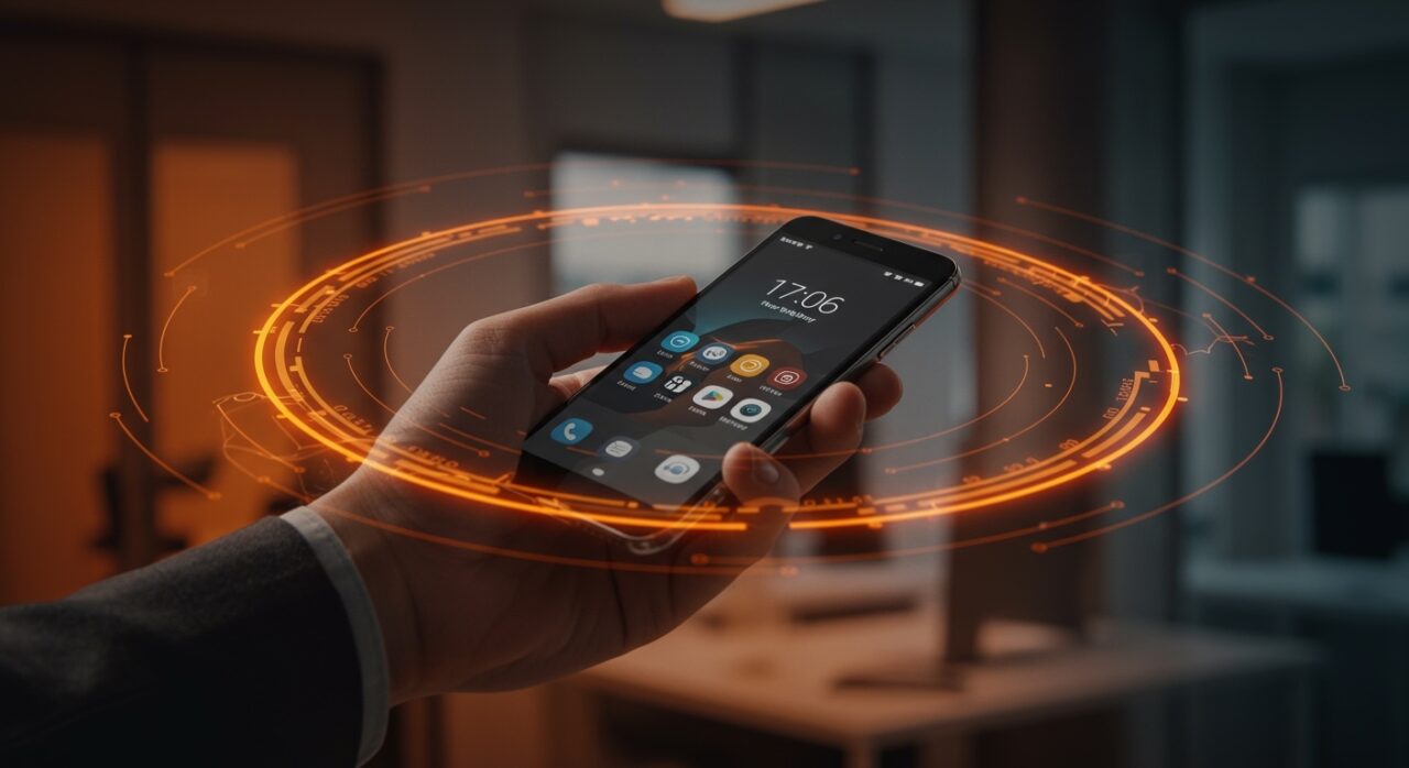 Smartphone Fairphone sostenible usado por empleado de Radboud University en entorno corporativo, destacando movilidad eficiente y gestión tecnológica responsable.