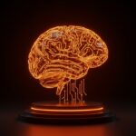 Modelo de IA híbrida Falcon H1R 7B visualizado como un cerebro digital iluminado, simbolizando razonamiento lógico y eficiencia para startups tech.