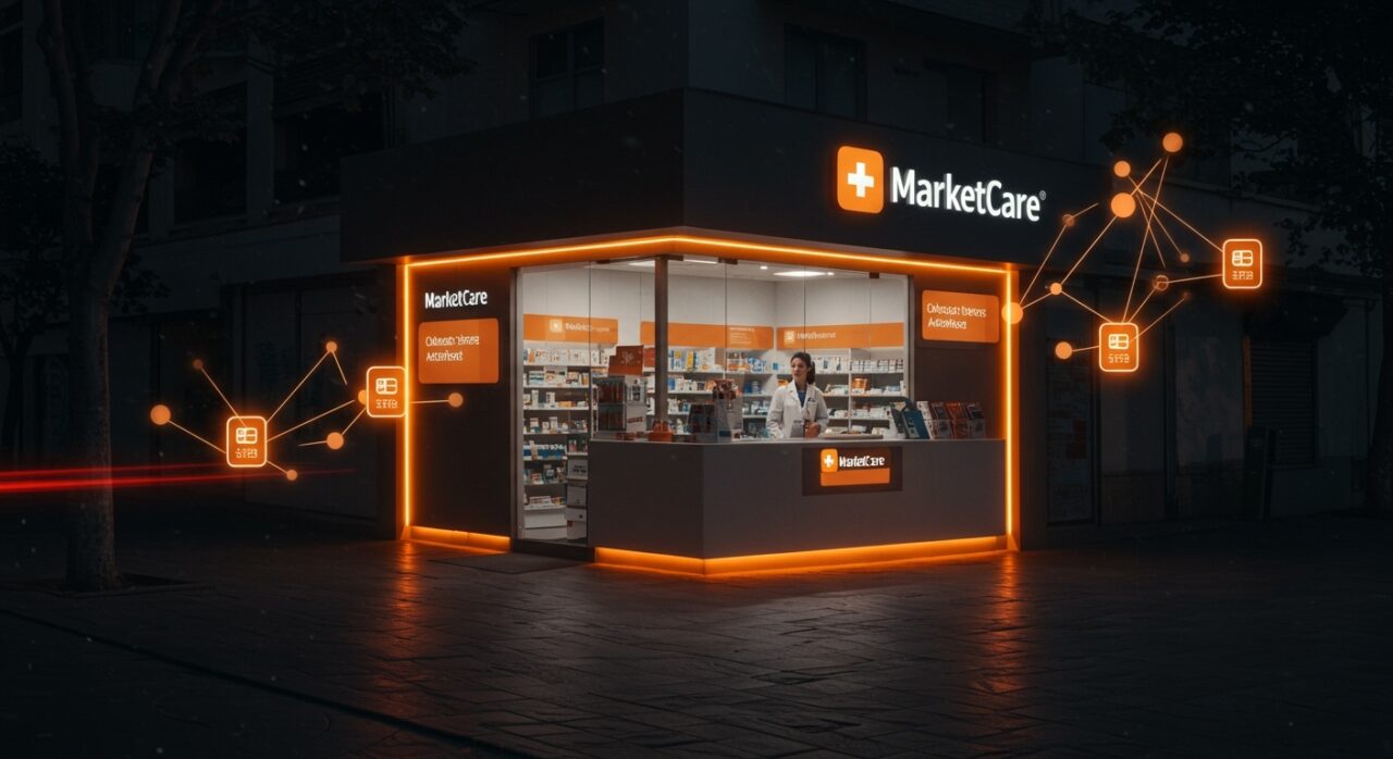 Local de farmacia Marketcare en Santiago destacando su modelo de membresías y crecimiento en retail de salud.