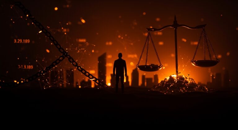 Imagen conceptual que representa los riesgos del fascismo y autoritarismo para startups en economías digitales globales con símbolos de gobernanza y justicia.