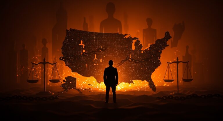 Riesgos autoritarios en startups LATAM representados con símbolos de fascismo y política bajo Trump en un contexto digital y de gobernanza.