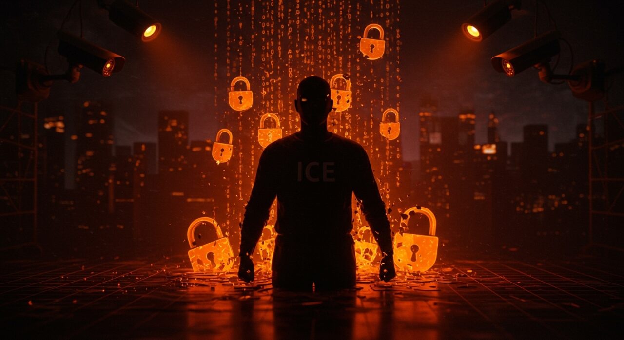 Filtración de datos en ICE con metáforas visuales sobre privacidad, vigilancia y tendencias de mercado en tecnología startup.