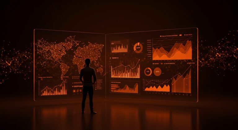 Startup de IA recibiendo financiamiento serie C con visualización de datos y redes neuronales en colores naranja y negro.