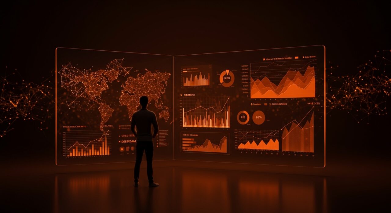 Startup de IA recibiendo financiamiento serie C con visualización de datos y redes neuronales en colores naranja y negro.
