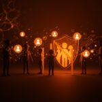 Niños bloqueados por un escudo digital frente a iconos de redes sociales en un contexto de regulación y salud mental en Finlandia.