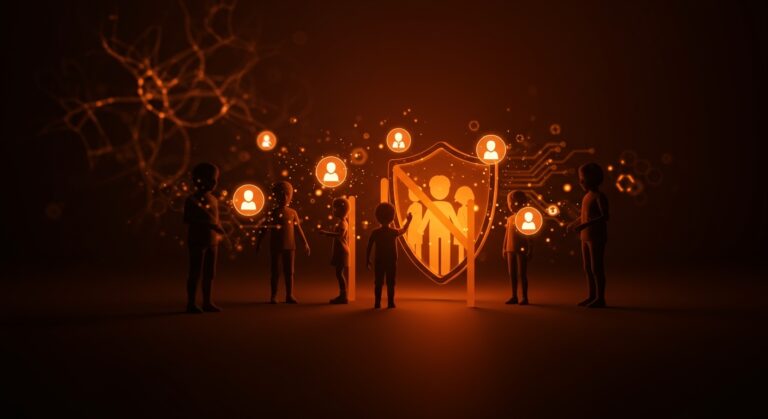 Niños bloqueados por un escudo digital frente a iconos de redes sociales en un contexto de regulación y salud mental en Finlandia.