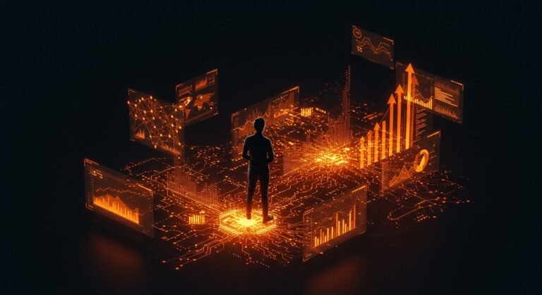 Fundadora fintech en ciudad digital europea con flujos de inversión e inteligencia artificial resaltando expansión y funding en startups.