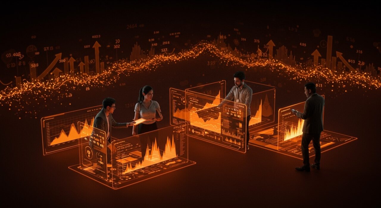 Fundadores de fintech colaborando con datos digitales, representando tecnología financiera e IA aplicada para inclusión de crédito en México.