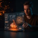 Fundador usando interfaz holográfica con inteligencia visual IA para generación y edición de imágenes en startups.