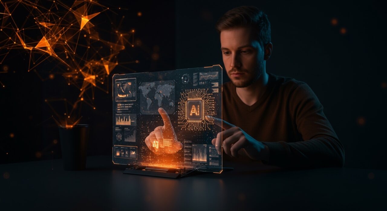 Fundador usando interfaz holográfica con inteligencia visual IA para generación y edición de imágenes en startups.