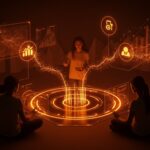 Equipo diverso de fundadores de startups wellness colaborando con tecnología avanzada y apoyo de inversión en un entorno futurista.