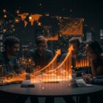 Grupo de founders de startups colaborando con gráficos digitales que representan escalado y crecimiento en el ecosistema tecnológico de TNW Council.