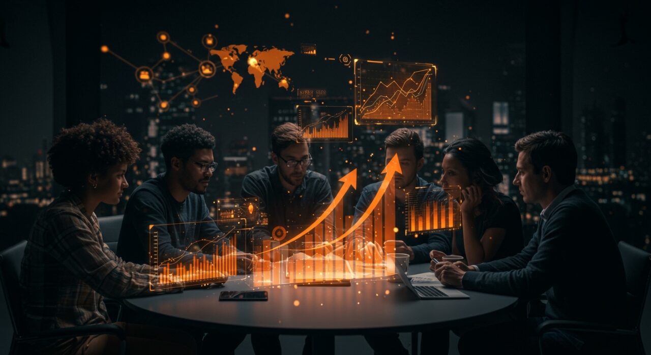 Grupo de founders de startups colaborando con gráficos digitales que representan escalado y crecimiento en el ecosistema tecnológico de TNW Council.