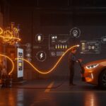 Vehículo eléctrico recargando con baterías inteligentes en startup innovadora para la transición energética flexible.