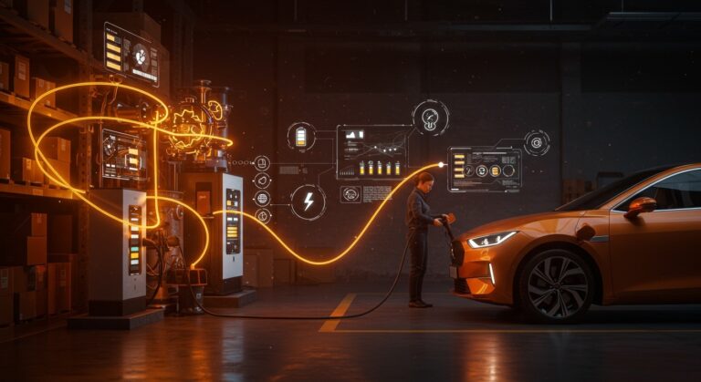 Vehículo eléctrico recargando con baterías inteligentes en startup innovadora para la transición energética flexible.