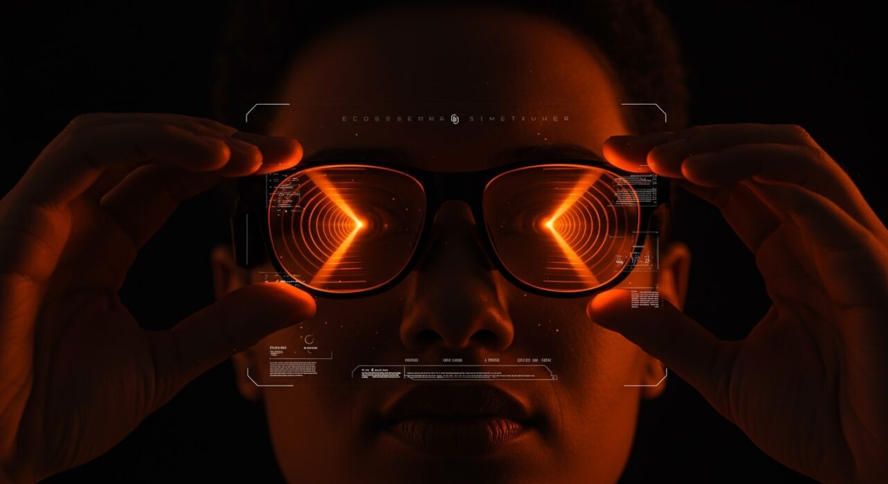 Persona usando gafas inteligentes con autofocus mostrando innovación en tecnología visual y hardware wearable para startups.