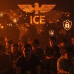 Game Developers Conference 2026 con impacto de ICE y desafíos de seguridad reflejados en desarrolladores y símbolos tecnológicos en esquema naranja y negro.