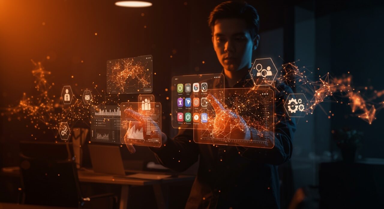 Interacción futurista con apps de Google potenciadas por IA aplicada para respuestas proactivas y automatización.